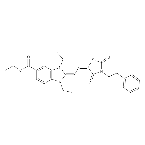 Ethyl 1,3-diethyl-2-(2-(4-oxo-3-phenethyl-2-thioxothiazolidin-5-ylidene)ethylidene)-2,3-dihydro-1H-benzo[d]imidazole-5-carboxylate